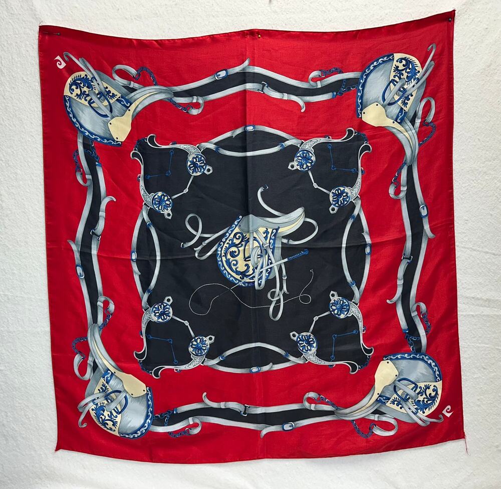Pierre Cardin Vintage Designer Silk Scarf Equestrian Tack Print